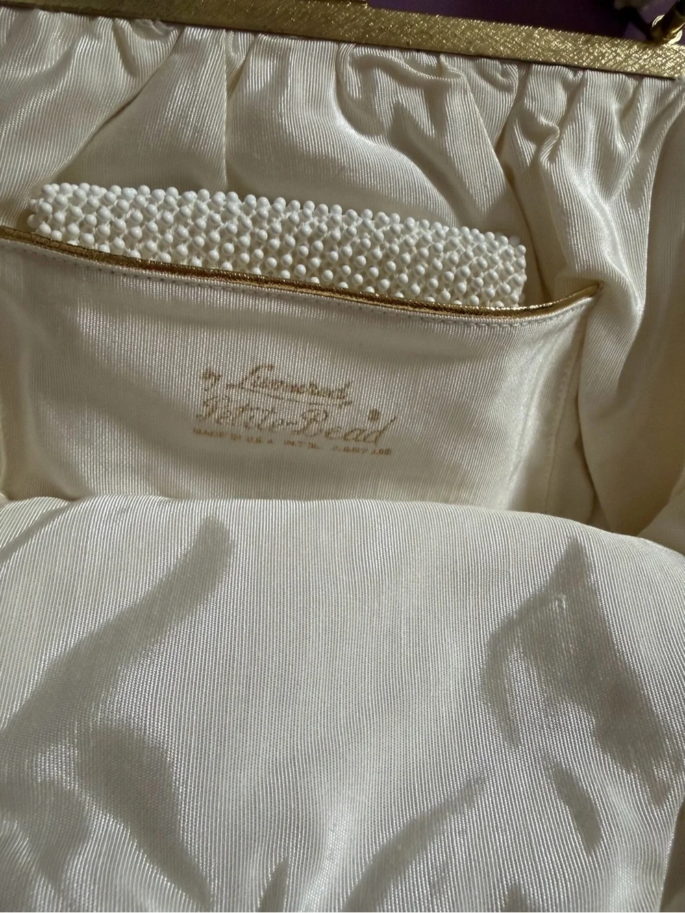 Vintage lumered Pearl petite bead Beaded White Evening Clutch with Gold Frame
